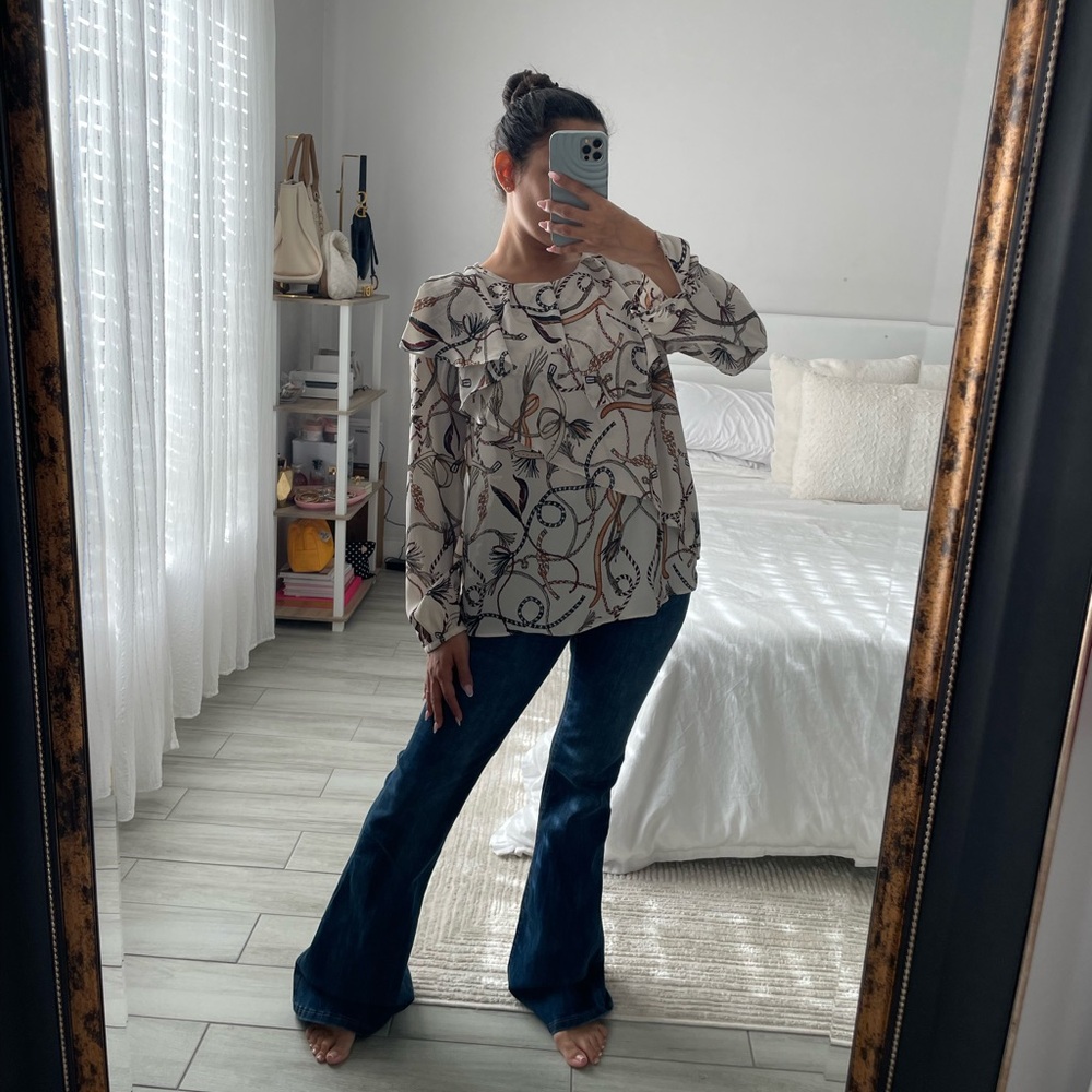 ZARA Ivory Rope & Belt Patterned Long Sleeve Blouse